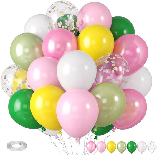 Hawaiian Balloons, Tropical Balloons Green Pink White Yellow Balloon Confetti Balloon for Beach Summer Baby Shower Luau Flamingo Tropical Theme Birthday Party Wedding Decorations