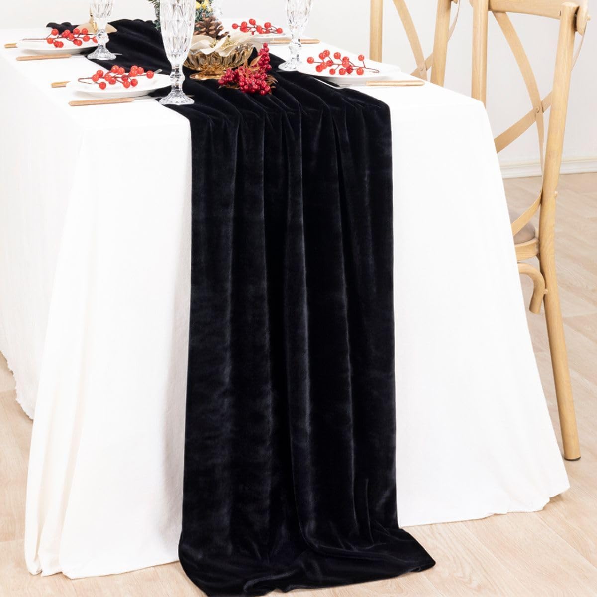 MLMC 2 Pack Black Velvet Table Runner 10ft Glossy Luxury Velvet Fall Table Runner 20x120 Inches Wedding Runner for Bridal Shower Birthday Party Halloween Decor