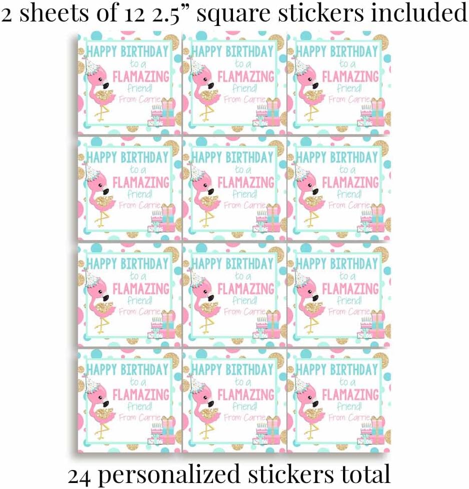 Custom & Personalized FLAMAZING Flamingo Happy Birthday Gift Tag Sticker Labels, 24 2.5" Square Stickers by Amanda Creation