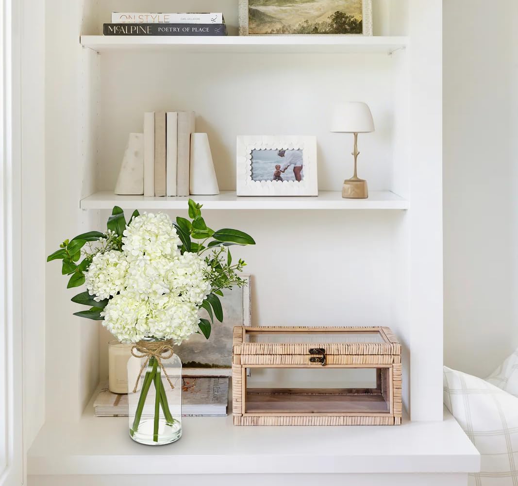 Hollyone White Hydrangea Artificial Flowers in Clear Glass Vase with Faux Water Silk Hydrangeas Fake Flowers Floral Arrangement for Home Bathroom Kitchen Office Table Centerpiece Shelf Decorations
