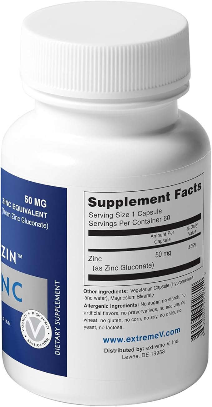 Zing MG50 OTC ZINC GLUCONATE 50mg, (3 Bottles - 180 Vegetarian Capsules)