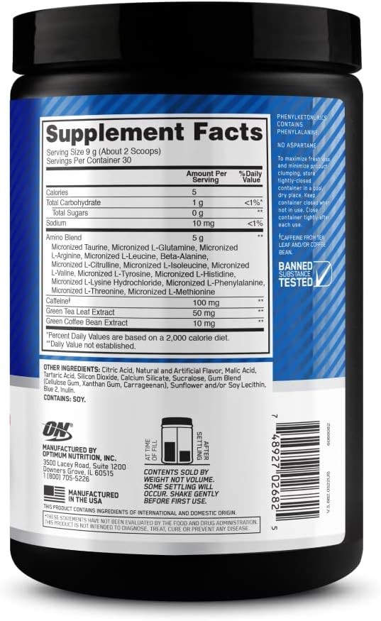 Optimum Nutrition Amino Energy - Pre Workout with Green Tea, BCAA, Amino Acids & Micronized Creatine Monohydrate Powder, Unflavored, Keto Friendly, 60 Serving