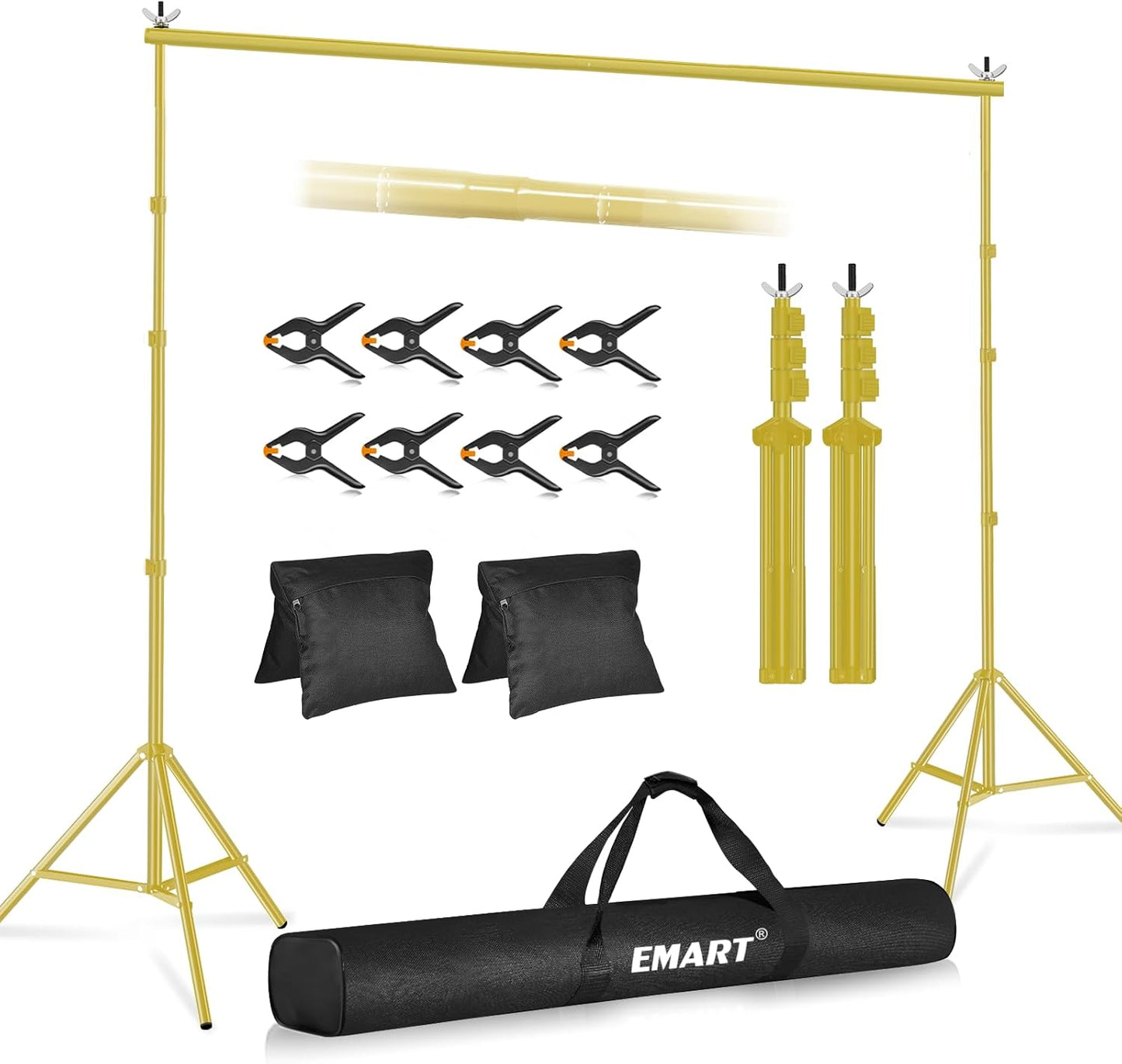 EMART Backdrop Stand 10x10ft(WxH) Photo Studio Adjustable Background Stand Support kit with 2 Crossbars, 8 Clamps, 2 Sandbags and Carry Bag for Parties, Events Decoration, Wedding -Titanium Gold