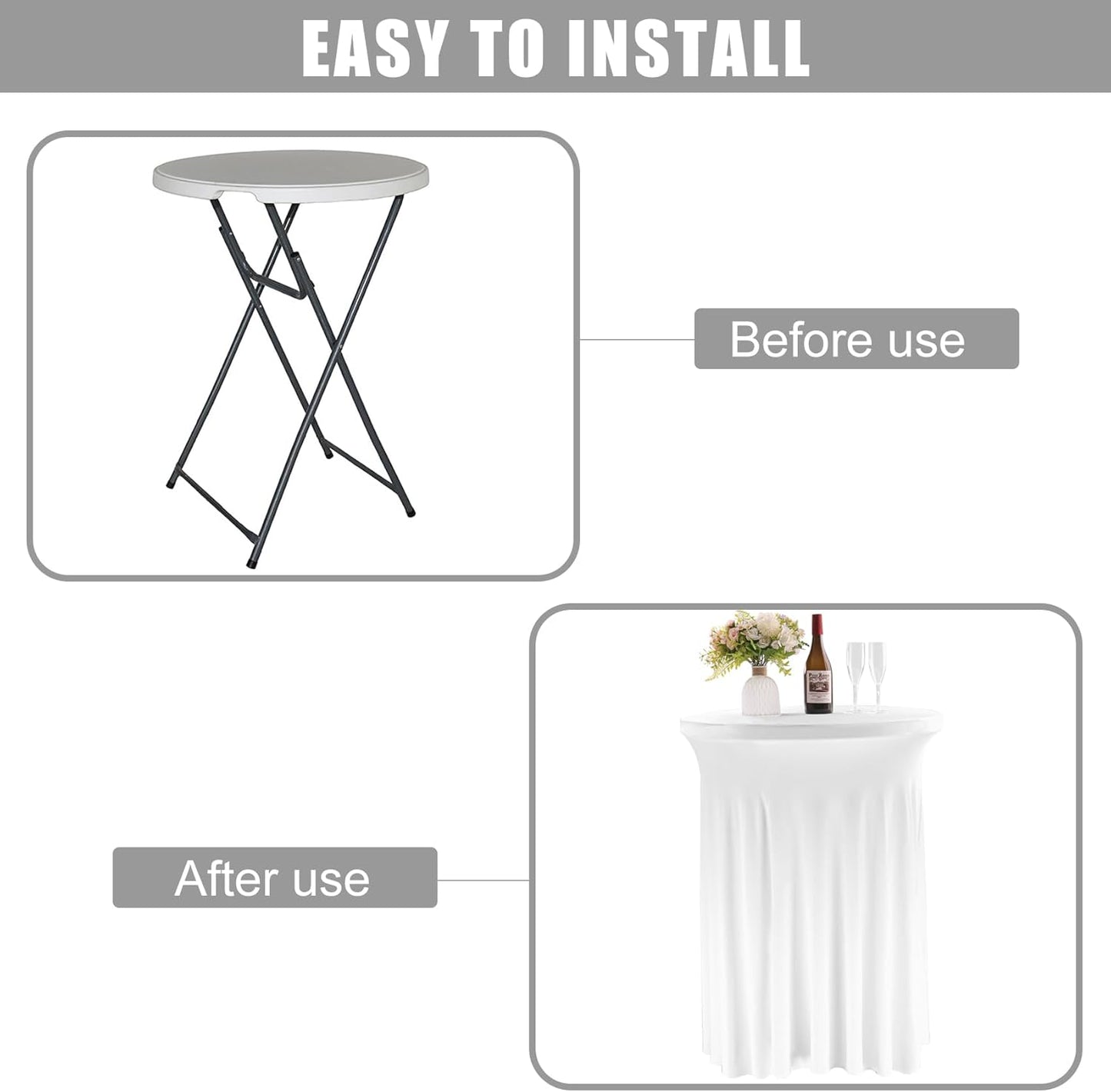 Fivenl 2 Pack Spandex Cocktail Table Skirt 32"x 43" White Stretch Cocktail Table Cover, Washable Round High Top Tablecloth for Bar, Wedding, Party, Events (White)