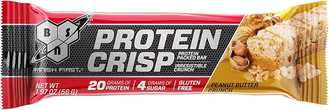 BSN Protein Bars - Protein Crisp Bar by Syntha-6, Whey Protein, 20g of Protein, Gluten Free, Low Sugar, Peanut Butter Crunch, 12 Count