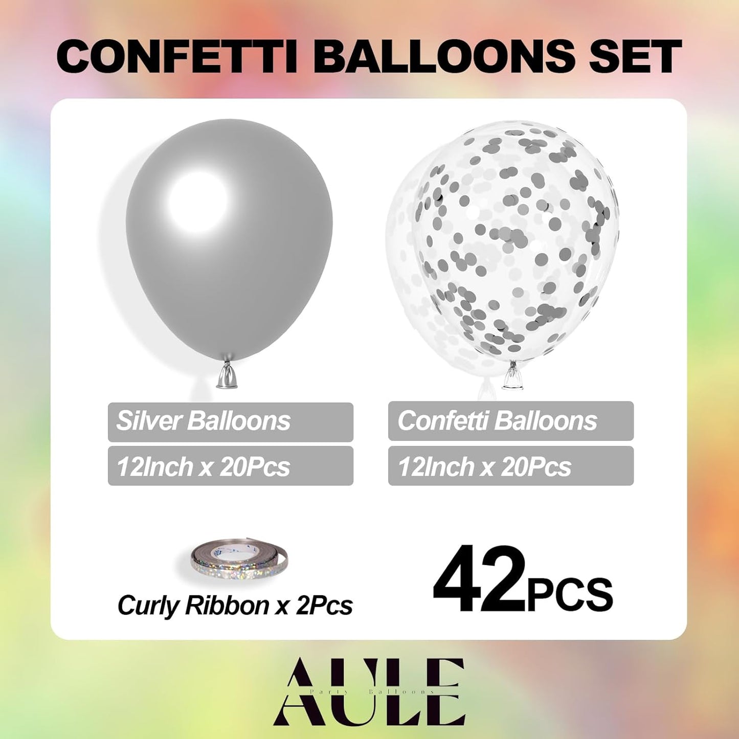 AULE Party Balloons Pack of 42 - Metallic Balloons & Confetti Balloons and 64ft Ribbons - 12 Inch Silver Balloons Decorations Set