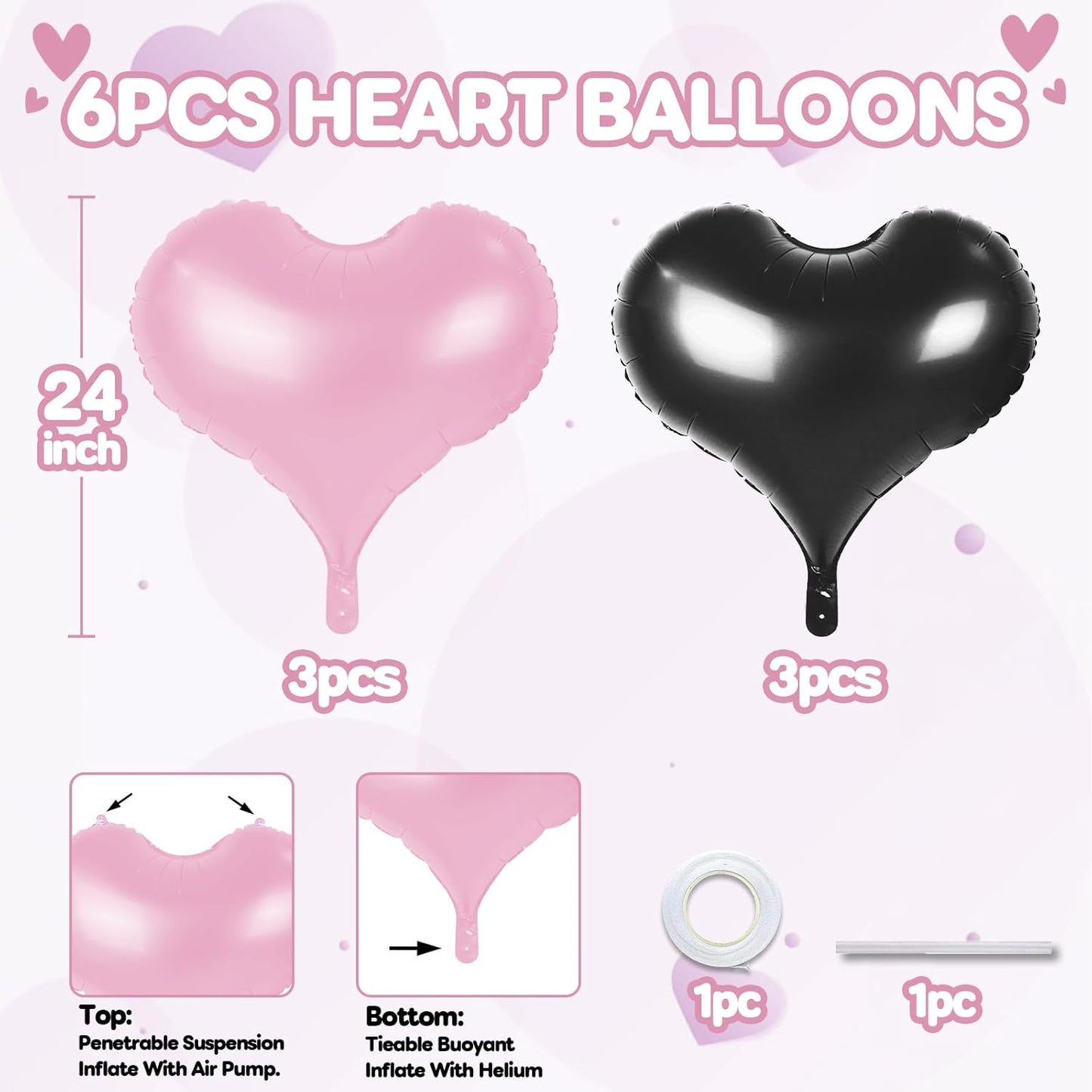 24 Inch Pink Black Heart Balloons, Pink and Black Heart Shaped Foil Balloons, Love Helium Balloon for Girls Women Valentines Day Bridal Shower Wedding Birthday Party Supplies