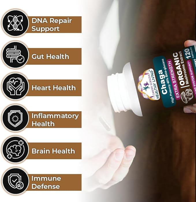 Cancer Sciences Chaga Wellness Mushrooms Supplement, USDA Certified Organic Mushroom Extract, Extra Strength 1,500 mg, High Potency 40% Beta-Glucans, Immune Support, Gut Health, Antioxidant, 120 Caps