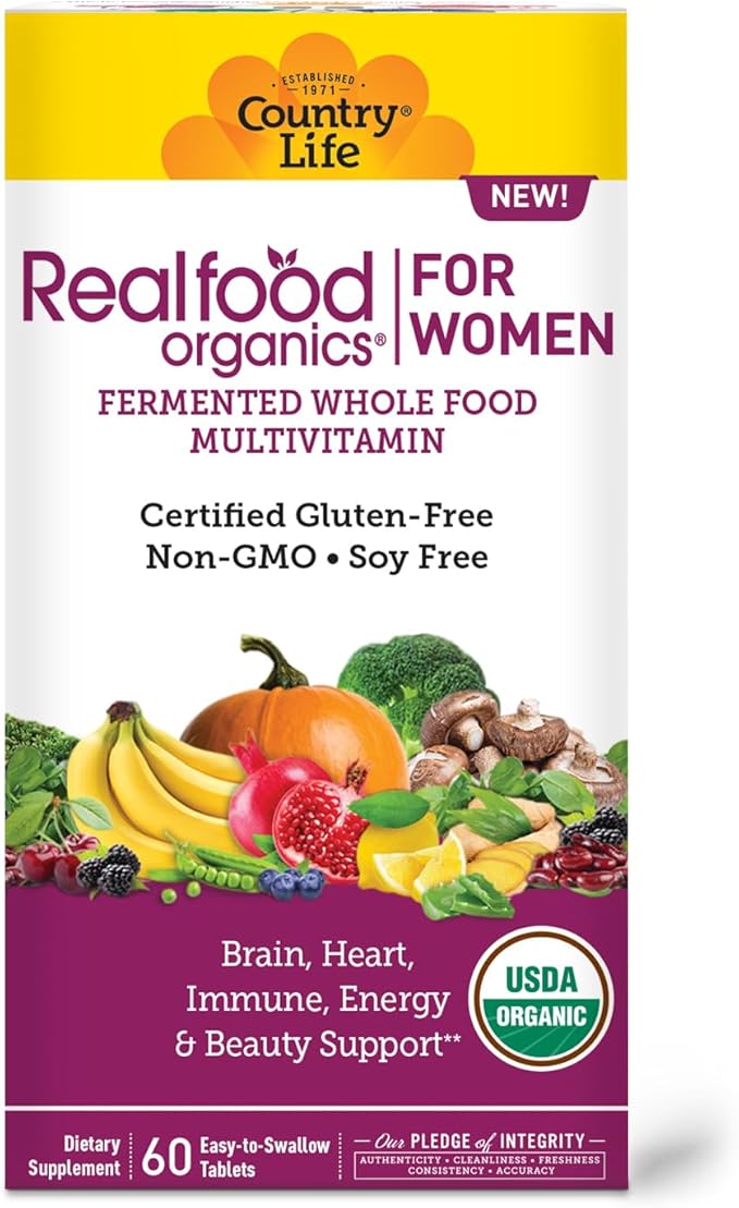 Country Life Realfood Organics Women’s Multivitamin – USDA Organic, Vegan, Gluten-Free – 1,300mg Fermented Whole Foods, Vitamins D, E, B, Folate & Biotin – Daily Energy & Beauty – 60 Tablets