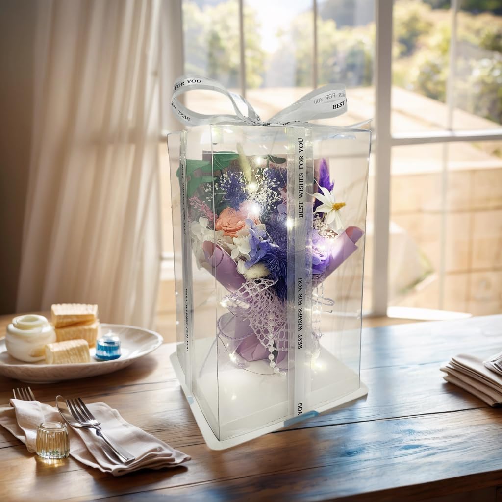Preserved Flowers Bouquet Romantic Valentines Day Gift for Her LED Light 3 Preserved Real Rose for Delivery Christmas Mothers Day Birthday Gifts for Women Mother Wife Girlfriend (Purple)