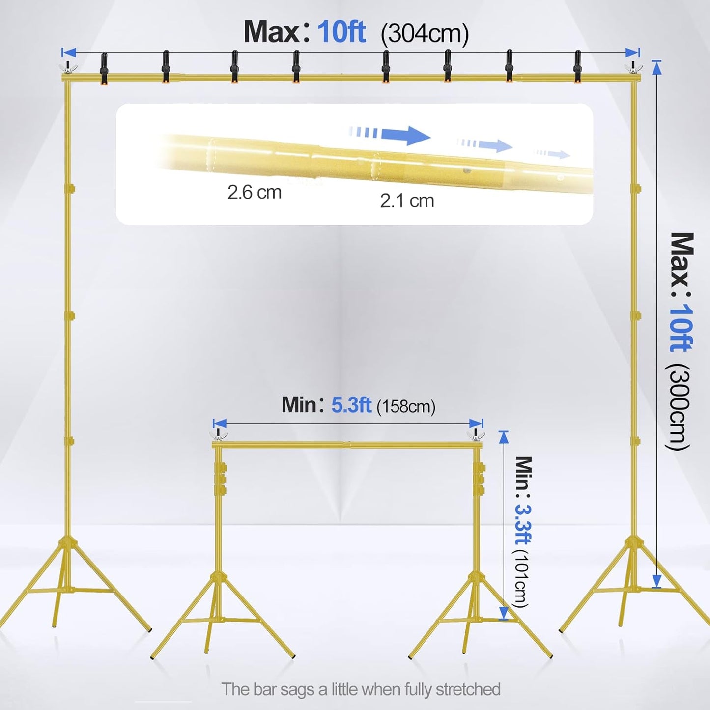 EMART Backdrop Stand 10x10ft(WxH) Photo Studio Adjustable Background Stand Support kit with 2 Crossbars, 8 Clamps, 2 Sandbags and Carry Bag for Parties, Events Decoration, Wedding -Titanium Gold