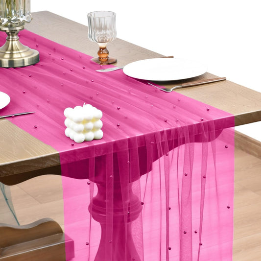 Joanlody Fall Fuschia Pearl Table Runner 10ft Rustic Boho Tulle Table Runner with Pearls for Baby Shower Wedding Party Veil Dessert Thanksgiving Table Decor Hot Pink 4pcs