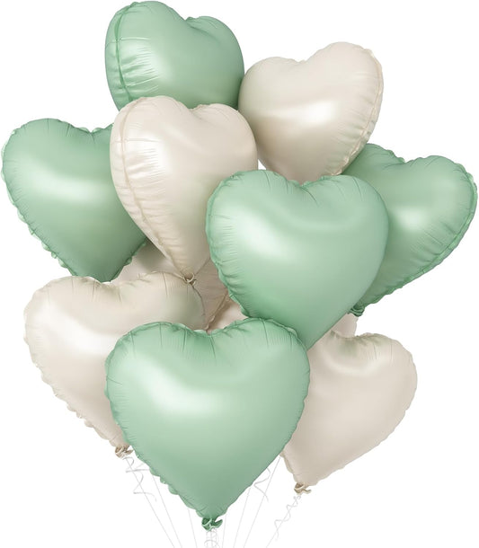 Sage Green White Heart Balloons,10Pcs Sand White Foil Heart Shaped Balloons,18Inch Olive Green Helium Balloon for Valentines,Engagement,Birthday,Baby Shower,Wedding Party Decorations