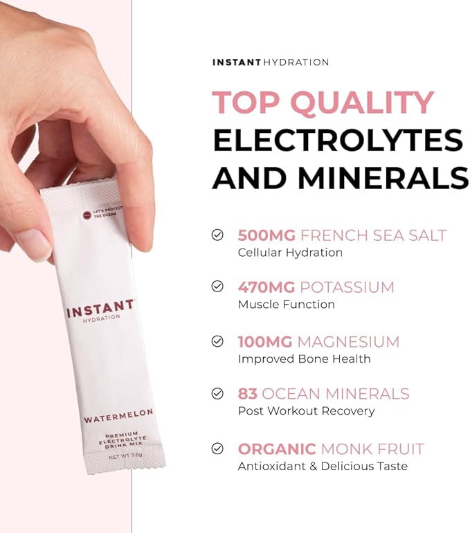 Instant Hydration Electrolytes Powder Packets - Watermelon Electrolyte Drink Mix - Zero Sugar - Keto, Vegan, Gluten-Free, Non-GMO - Boost Recovery, Brain Health, Muscle & Tissue Support- 30 Sticks