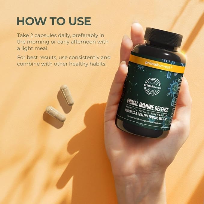 Primal Harvest Primal Immune Defense: 10-in-1 Immune Support with Probiotics, Zinc, Vitamins C, B6, D3 & K2, Immune Booster for Adults 60 Capsules (2-Pack)