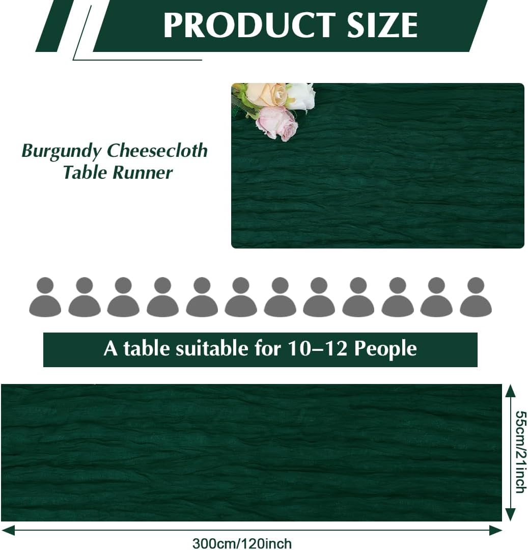 10 Pack Blackish Green Cheesecloth Table Runner -21*120Inch Long Boho Wedding Table Decor, Rustic Gauze Fabric Runner for Bridal Showers, Baby Showers & Parties (Sheer, Lightweight, Wrinkled Design)