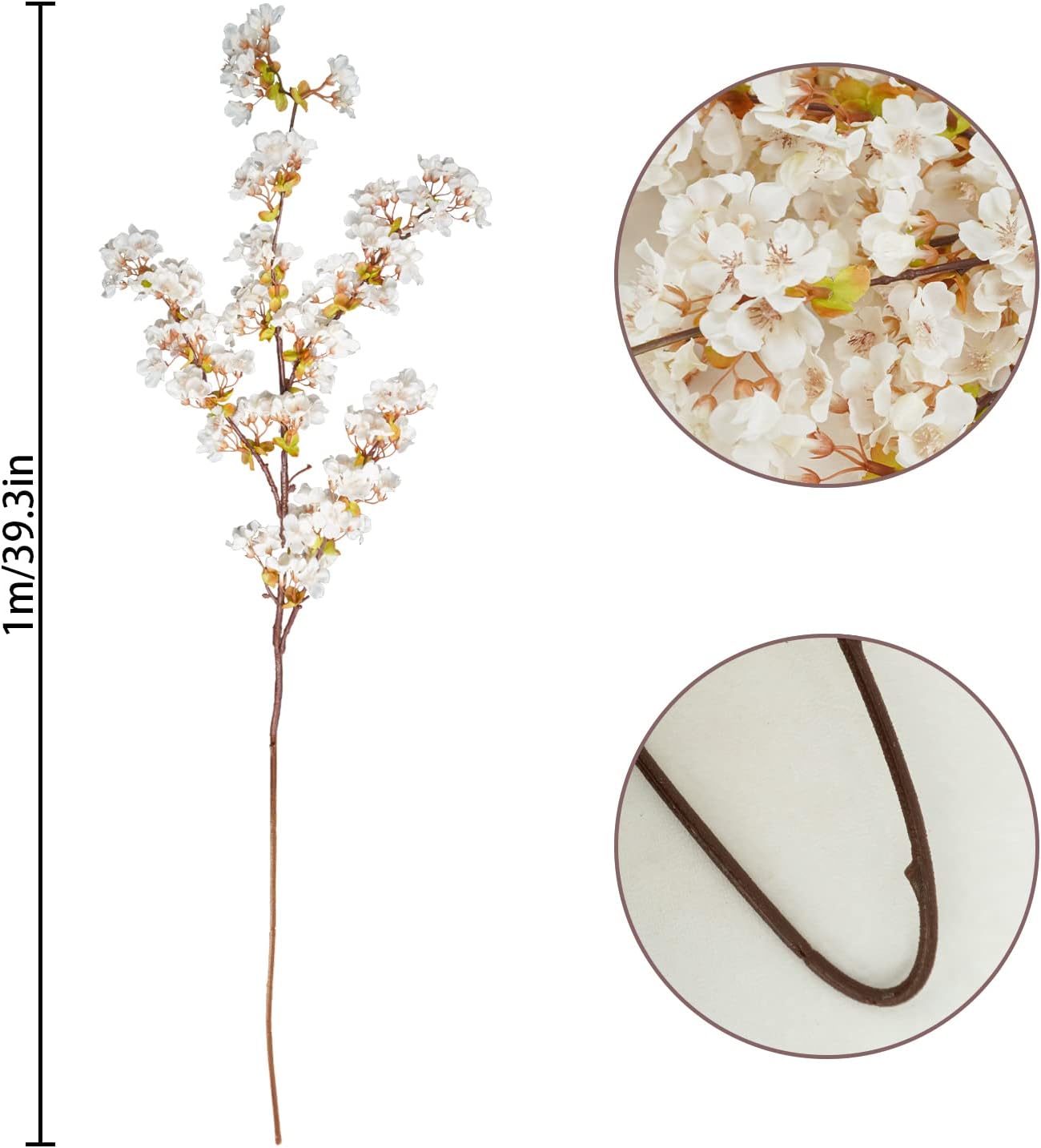 Uieke Silk Cherry Blossom Branches, 39.3in Artificial Cherry Blossom Tree Stems, Fake Plum Blossom Flowers Arrangement for Wedding Home Japanese Decor, Set of 3, White