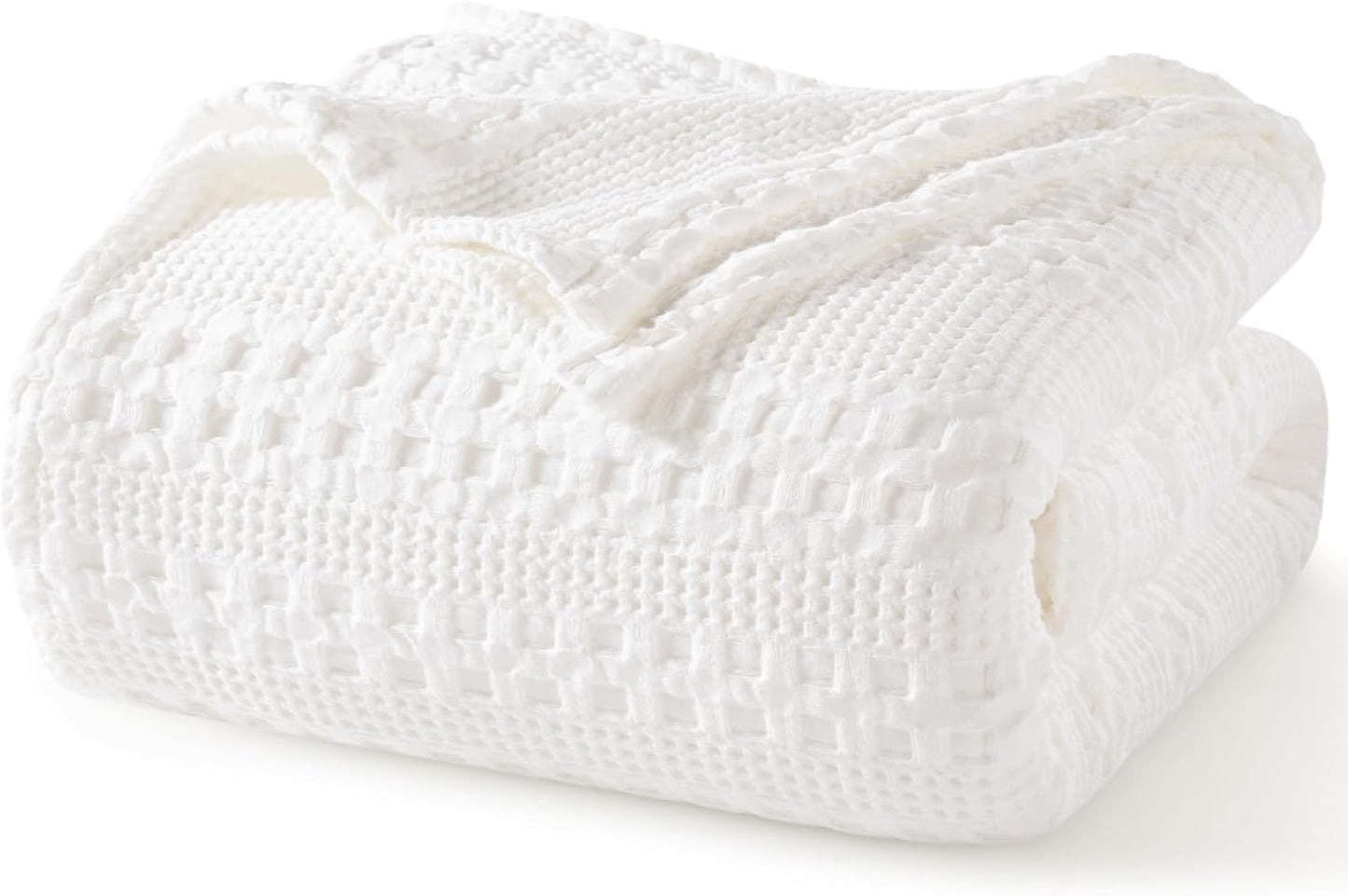 PHF 100% Cotton Waffle Weave Blanket Queen Size for Bed, Soft Lightweight & Breathable, All-Season Comfort, Luxury Aesthetic Woven Bedding for Home Decor, 90"x90", White