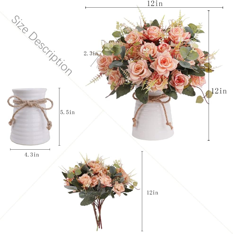 LESING Artificial Rose with Vase,Fake Silk Flowers Bouquets in Vase Table Centerpiece Arrangement for Kitchen Living Room (Pink-1)