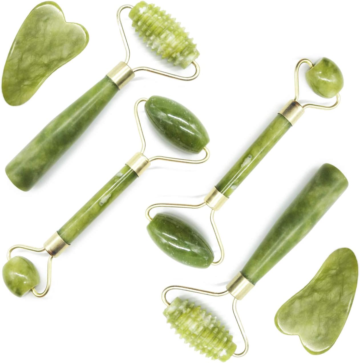 TIHOOD 6PCS Massage Tools Kits, 4 PCS Jade Roller Facial Ridged Roller Kits Skin Roller with 2 Pieces Scraping Massage Tools Anti Aging and Wrinkles for Face, Eye, Neck, Body for Lymphatic Massage