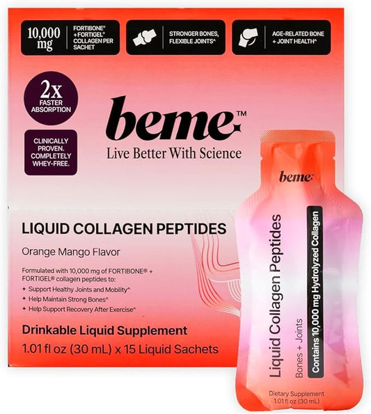 BeMe Liquid Collagen Peptides for Bone & Joint Health - 10,000mg FORTIBONE & FORTIGEL - 2X Faster Absorption - Clinically Proven to Support Bone Density & Cartilage Regeneration