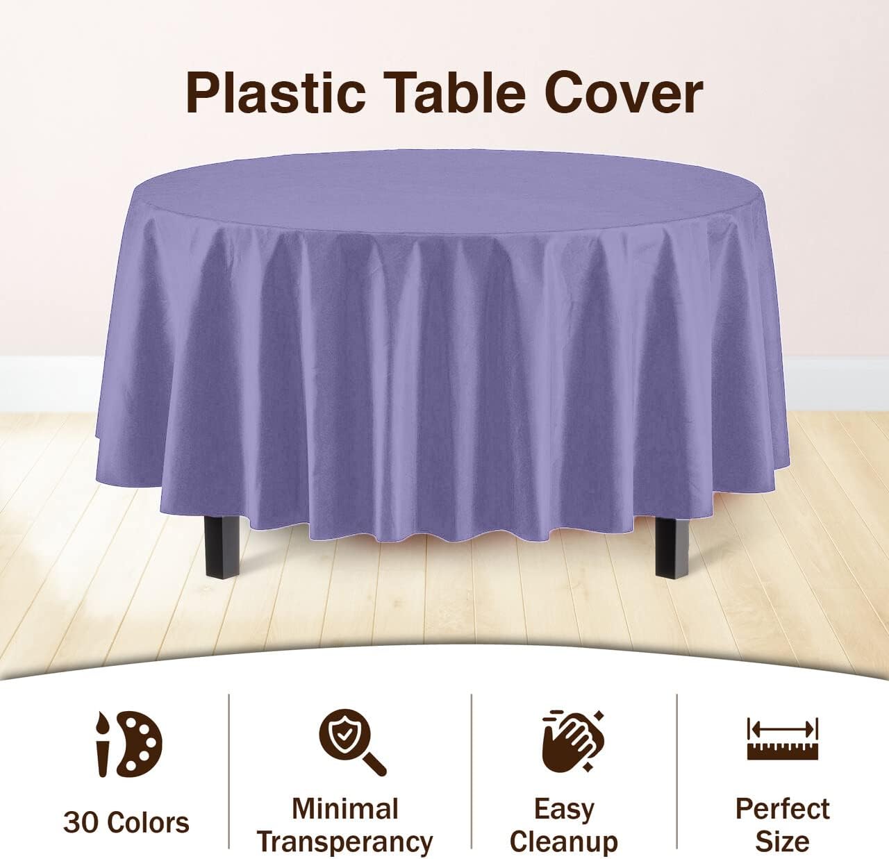 Party Solids 12-Pack Premium Plastic Tablecloth 84in. Round Table Cover - Lavender