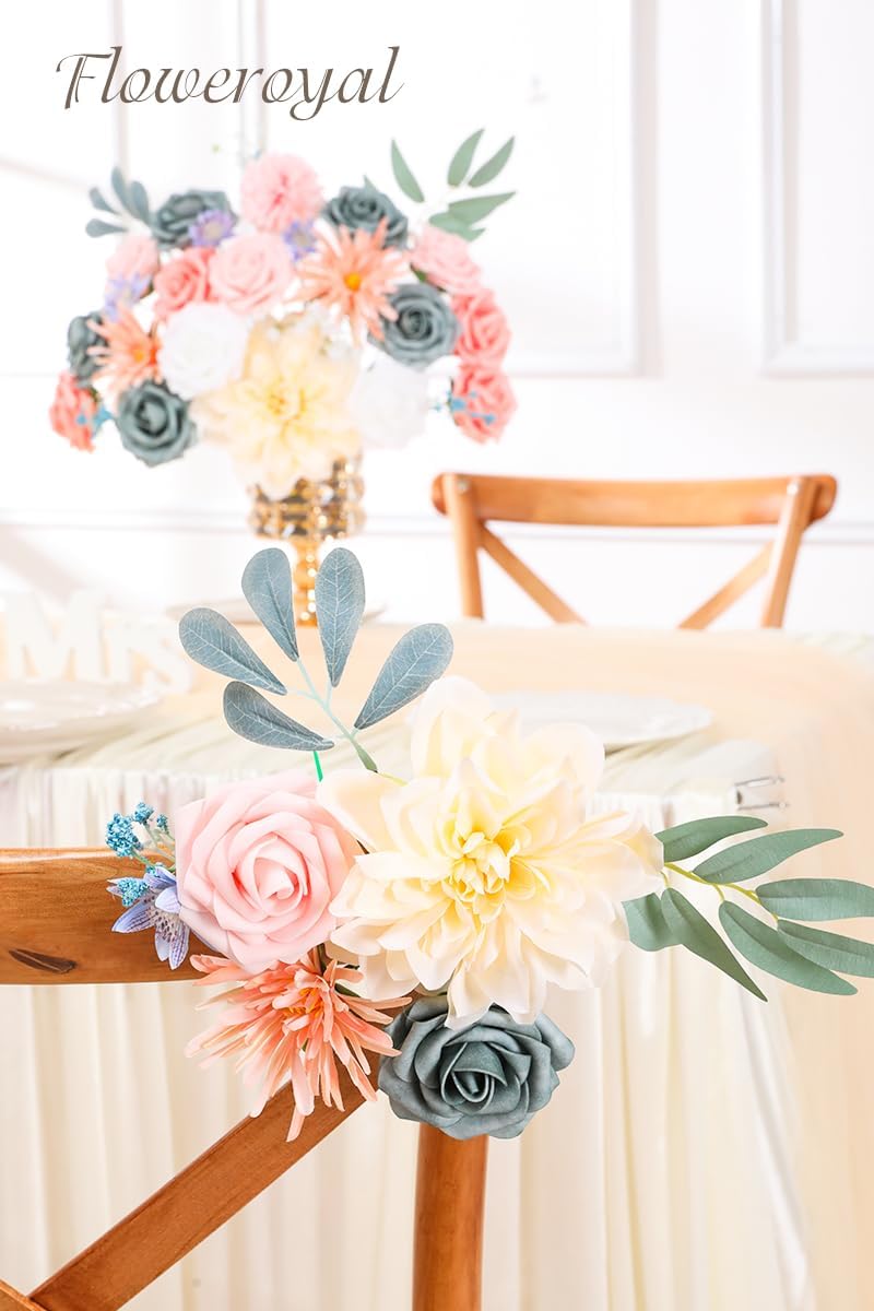Floweroyal Artificial Flowers Combo Blue Flowers Mix Silk Flowers Dahlia Roses with Stems for DIY Wedding Bridal Bouquets, Baby Shower, Floral Arrangement, Table Centerpieces, Home Decorations.