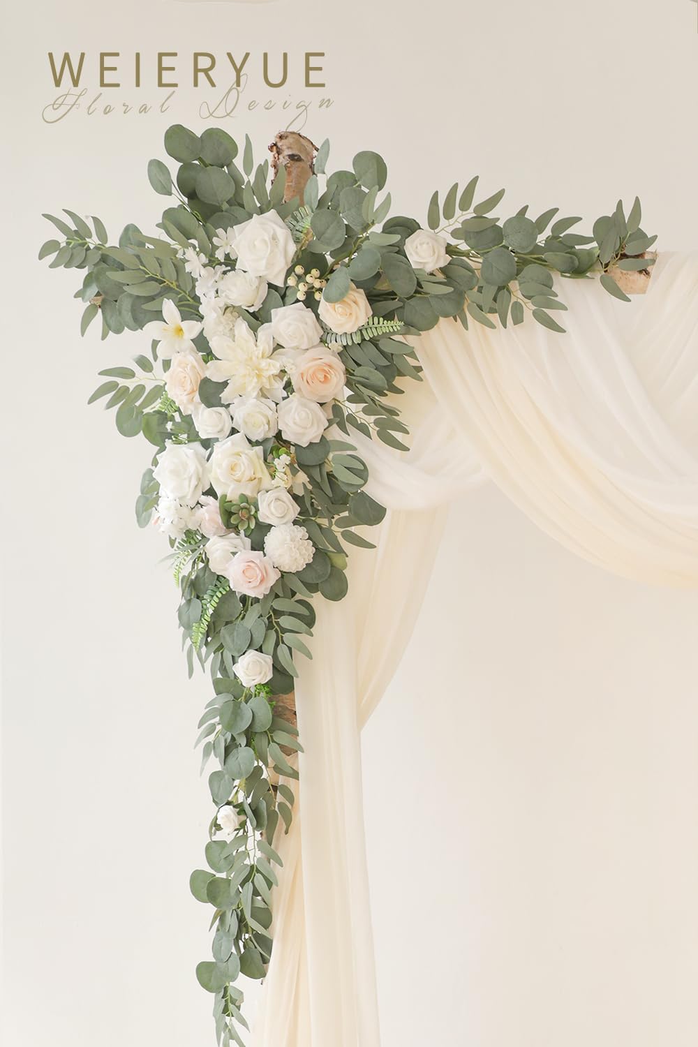 Deluxe White Artificial Wedding Arch Flowers with Drapes Kit-Pack of 5, 2pcs Flower Arrangements 3pcs Hanging Sheer Drapes White Ceremony Arbor Reception Backdrop Rose Floral Decorations.