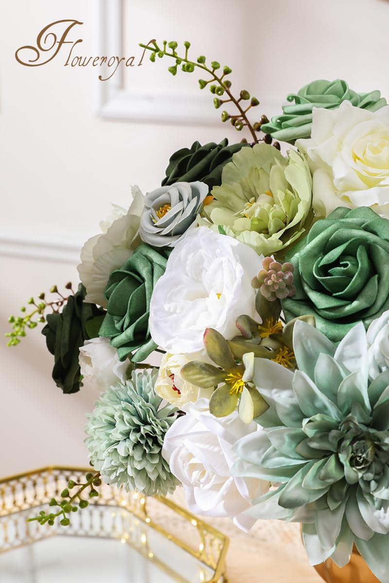 Floweroyal Artificial Flowers Combo Green Flowers Mix Silk Flowers Dahlia Roses with Stems for DIY Wedding Bridal Bouquets, Baby Shower, Floral Arrangement, Table Centerpieces, Home Decorations.