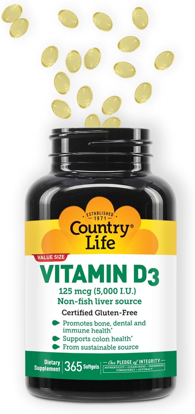 Country Life Vitamin D3 5000 IU – High Potency, Non-Fish Source, Supports Bone Health, Immune Function & Calcium Absorption – 365 Softgels, Certified Gluten-Free, Long-Term Supply