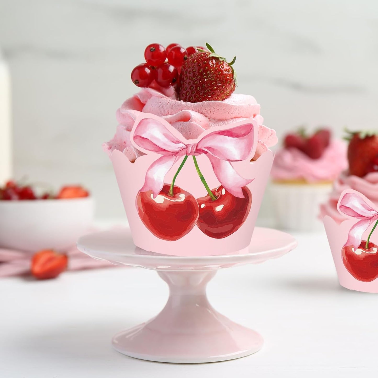 36Pcs Pink Bow Cherry Cupcake Wrappers Pink Red Bowknot Cherry Cupcake Liners Sweet Decorative Dessert Holders for Birthday Baby Shower