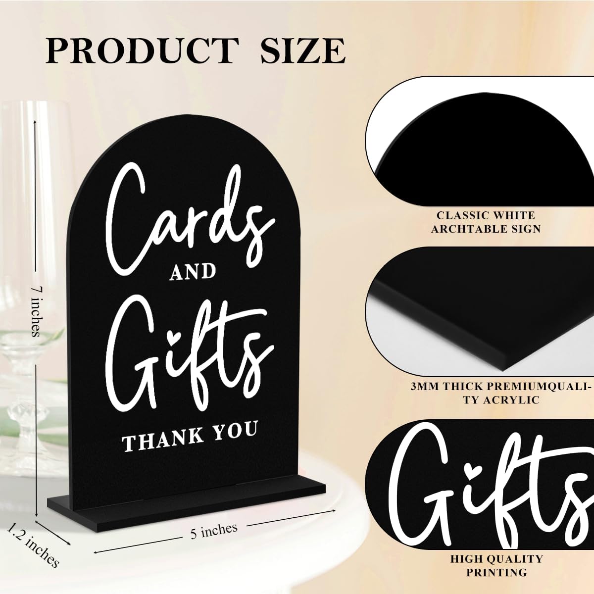 2 Pcs Acrylic Wedding Signs for Ceremony and Reception, Bridal Shower Decorations, Cards and Gifts Signs, Guest Book Sign, Arch Acrylic Table Top Sign with Holder for Wedding Reception (Black)
