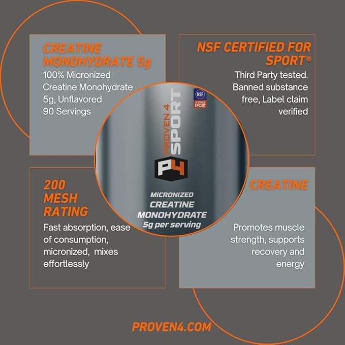 Proven4 Creatine Monohydrate Micronized Powder - NSF Certified for Sport® Supports Muscle Strength, Performance & Recovery from Exercise, Unflavored 16 Oz - 90 Servings