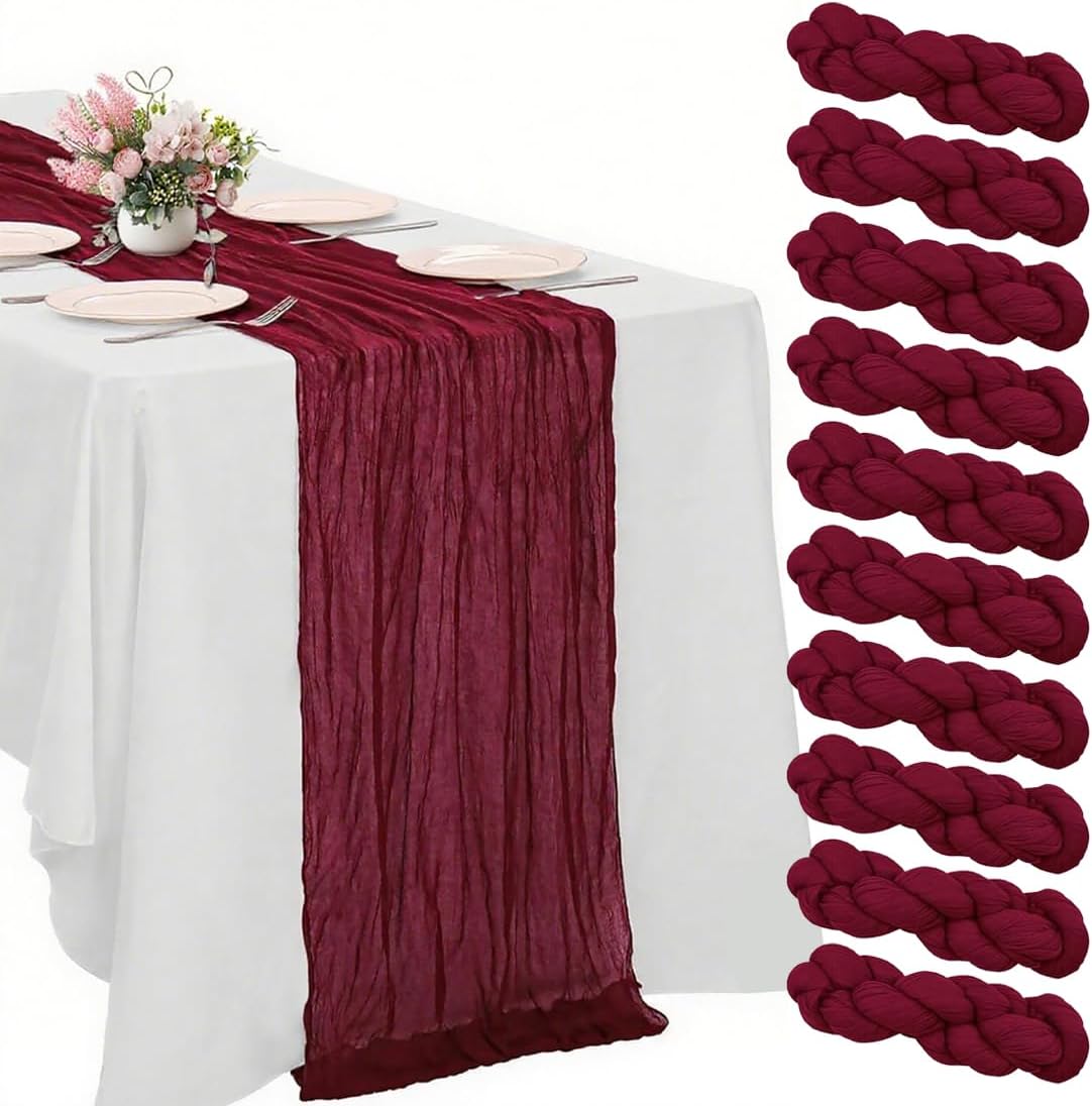 10 Pack Wine red Cheesecloth Table Runner -21*120Inch Long Boho Wedding Table Decor, Rustic Gauze Fabric Runner for Bridal Showers, Baby Showers & Parties (Sheer, Lightweight, Wrinkled Design)