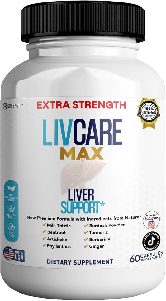 Livcare Max Liver Support Supplement, Extra Strength, 60 Veggie Capsules, 30 Day Supply with Milk Thistle, Beetroot, Artichoke (1)