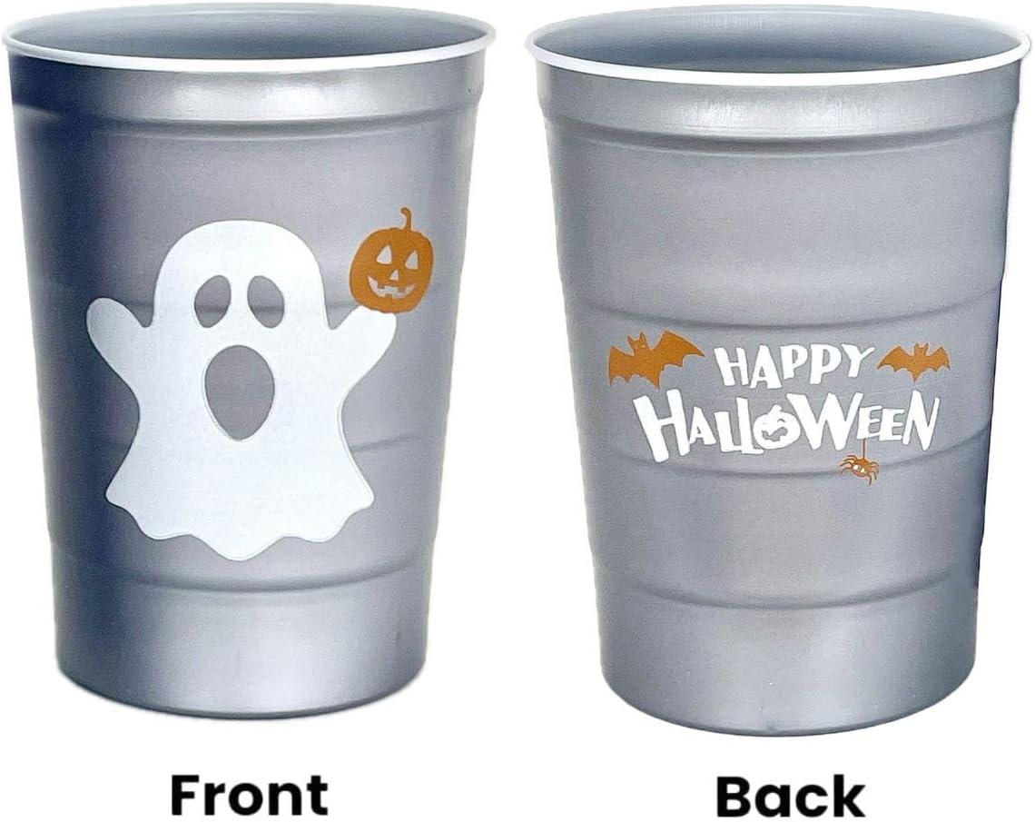 16 oz. Party Cups 'Happy Halloween' Ghost Design for Cold Drinks, Durable, Disposable, Recyclable, Made in USA, Gray, 12 Count