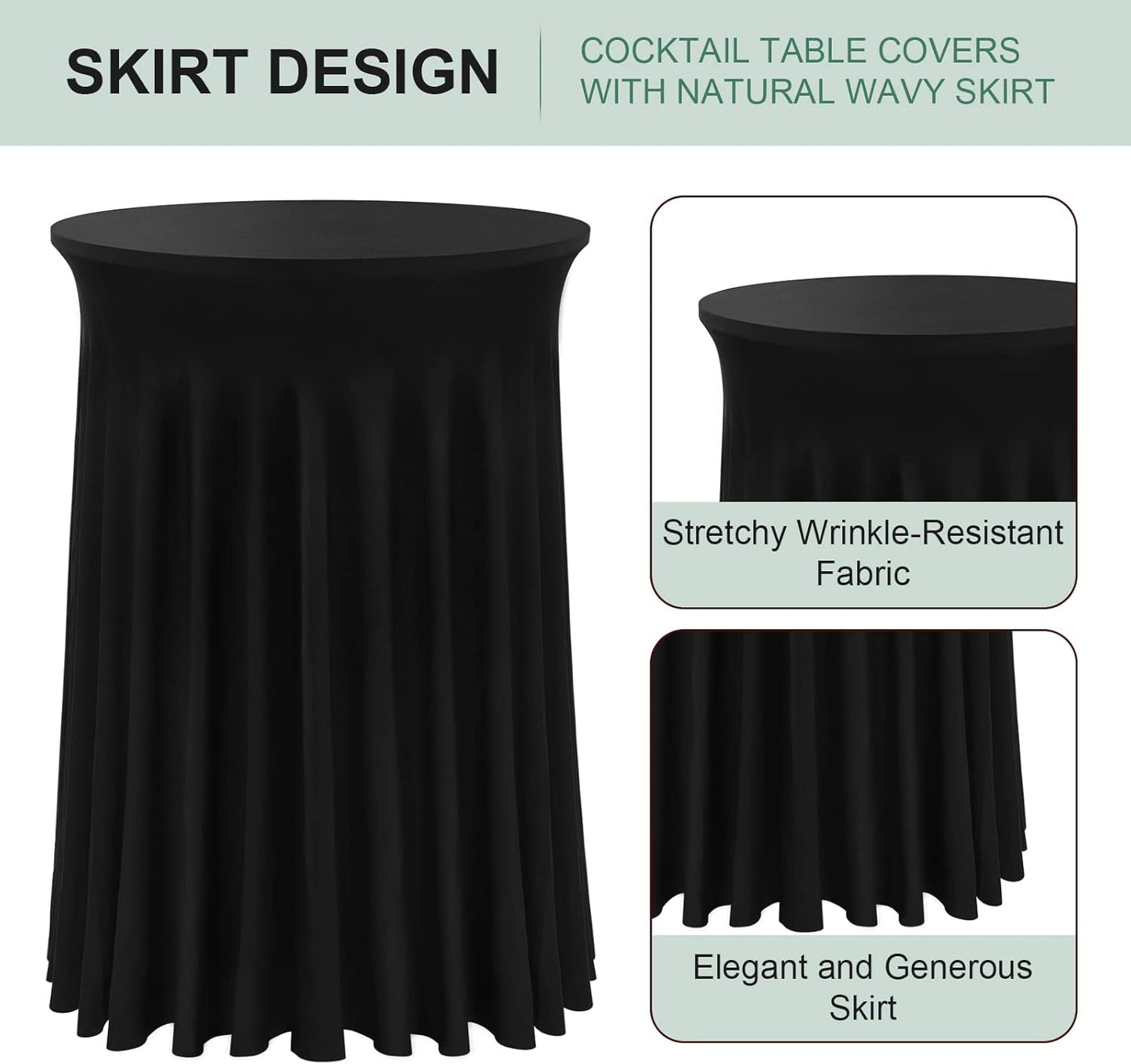 Cocktail Table Covers - 3 Pack 32"x 43" Black Cocktail Table Tablecloth with Natural Wavy Round Skirt for Bar Wedding Party Banquet