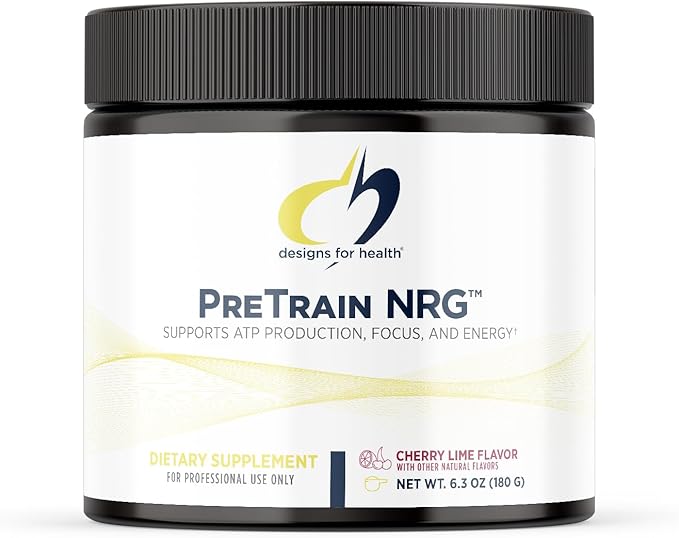 Designs for Health PreTrain NRG Drink Mix - Pre-Workout Powder with Creatine + Green Coffee - Supports Focus, Power + Mental Energy in Athletes - None-GMO, Cherry Lime Flavor (20 Servings / 180g)