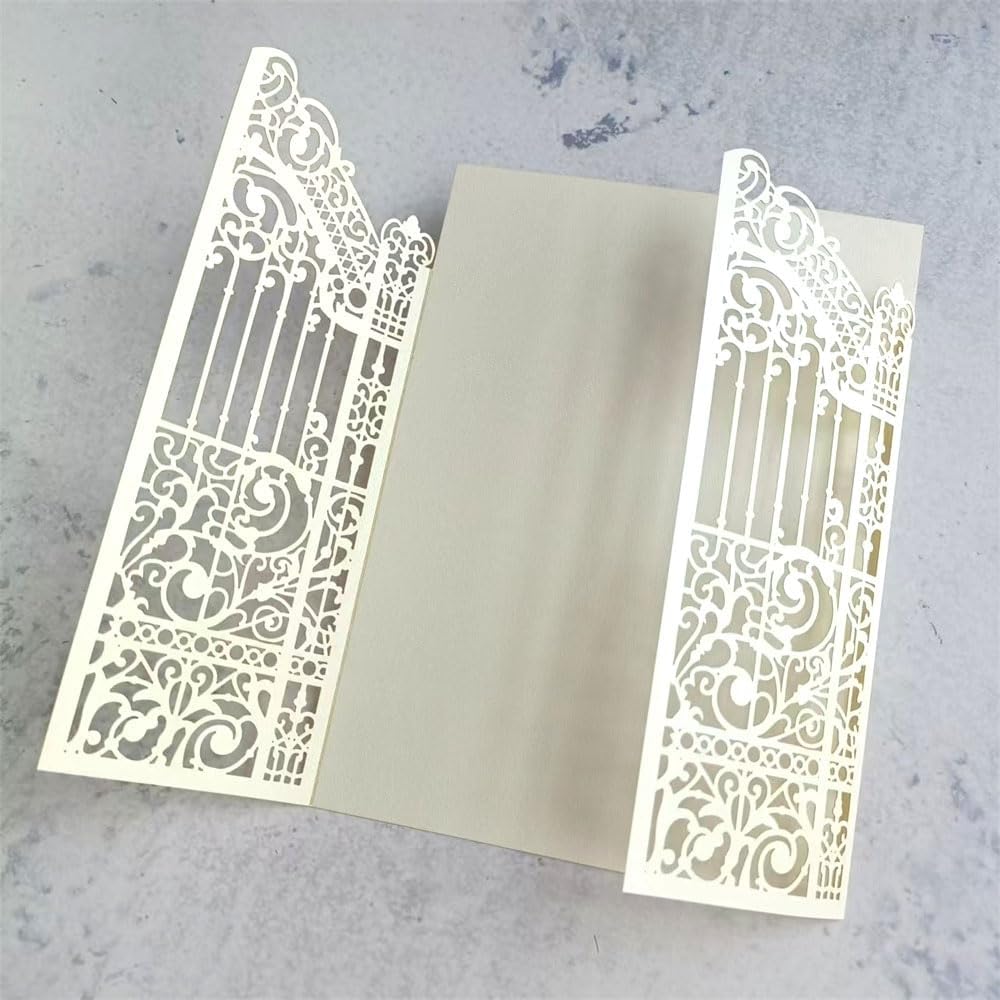 MillaSaw Pearl Ivory Laser Cut Wedding Invitation Card Fence Design For Wedding Engagement Birthday Party 25 Sets (IVORY PEARL PAPER, 4.9"x7.1")