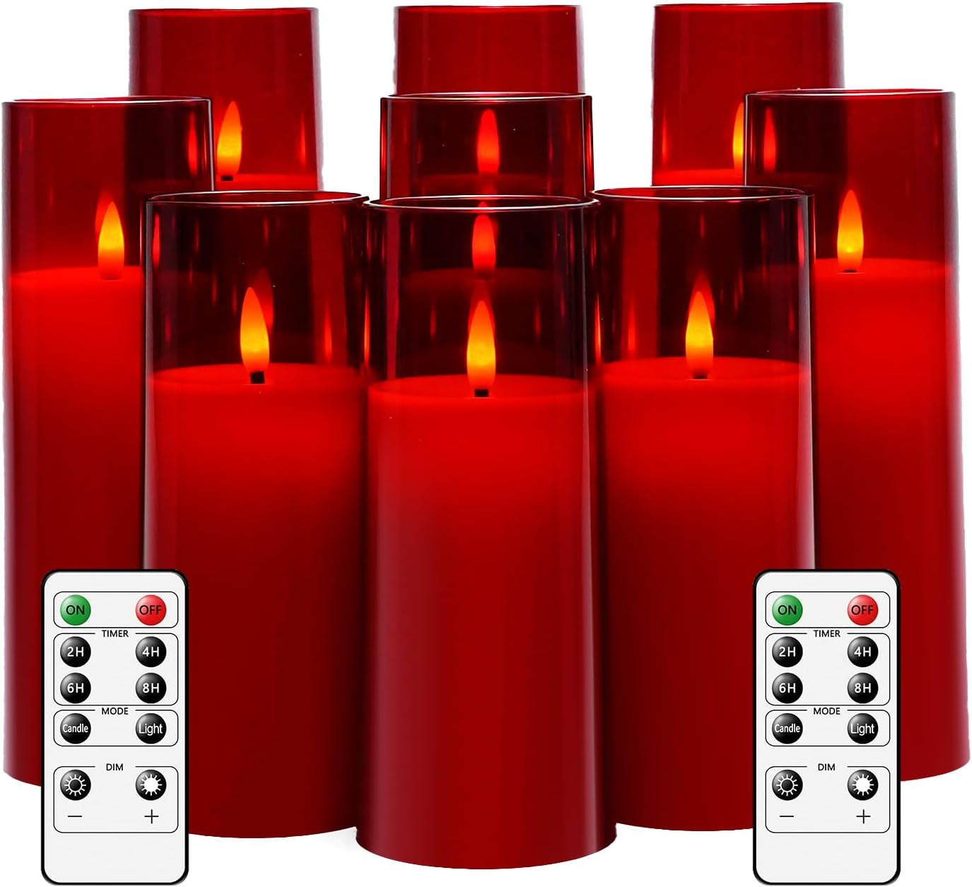Flickering Flameless Candles Battery Operated with Remote and 2/4/6/8 H Timer Plexiglass Led Pillar Candles Pack of 9 (D2.3 xH 6" 7" 8") with Realistic Moving Wick Candles for Home Decor(Red)