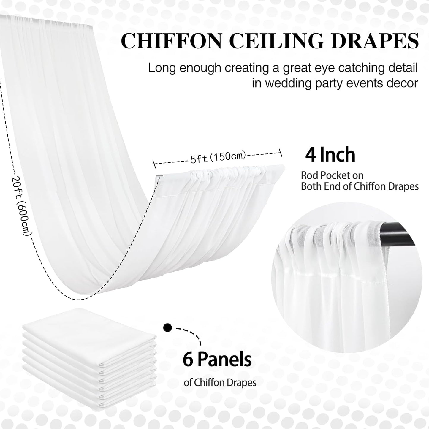 DUOBAO White Wedding Chiffon Ceiling 5x20FT Long Sheer Draping Fabric Photography Backdrops Soft Drapes Curtains for Weddings Arches Christmas Indoor Events, W 5' x L 20'-6 Panels, Snow
