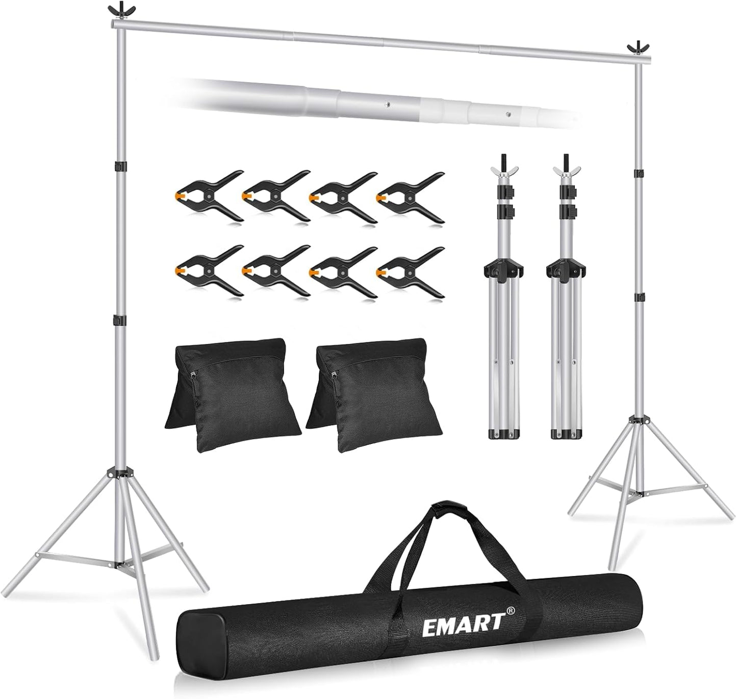 EMART Backdrop Stand 10x7ft(WxH) Photo Studio Adjustable Background Stand Support kit with 2 Crossbars, 8 Clamps, 2 Sandbags and Carry Bag for Parties, Events Decoration, Wedding, Photography -Silver