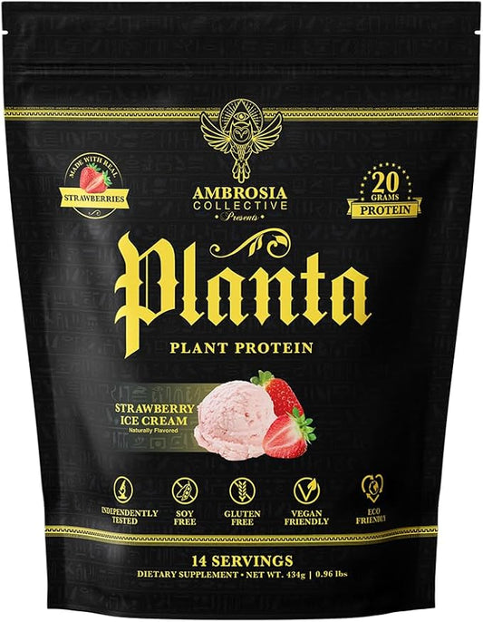 Ambrosia Planta - Premium Organic Plant-Based Protein | Vegan & Keto Friendly | Gourmet Flavors with No Bloating or Stomach Upset | No Added Sugar | 14 Servings | (Strawberry Ice Cream)