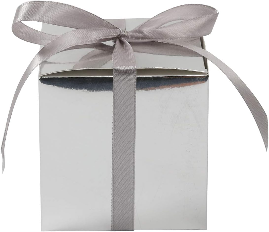 COTOPHER 100pcs Small Gift Boxes, Favor Boxes 2x2x2 inches Paper Gift Boxes with Ribbons Candy Box for Wedding Favors Baby Shower Bridal Shower Birthday Party (100 Metallic Silver)