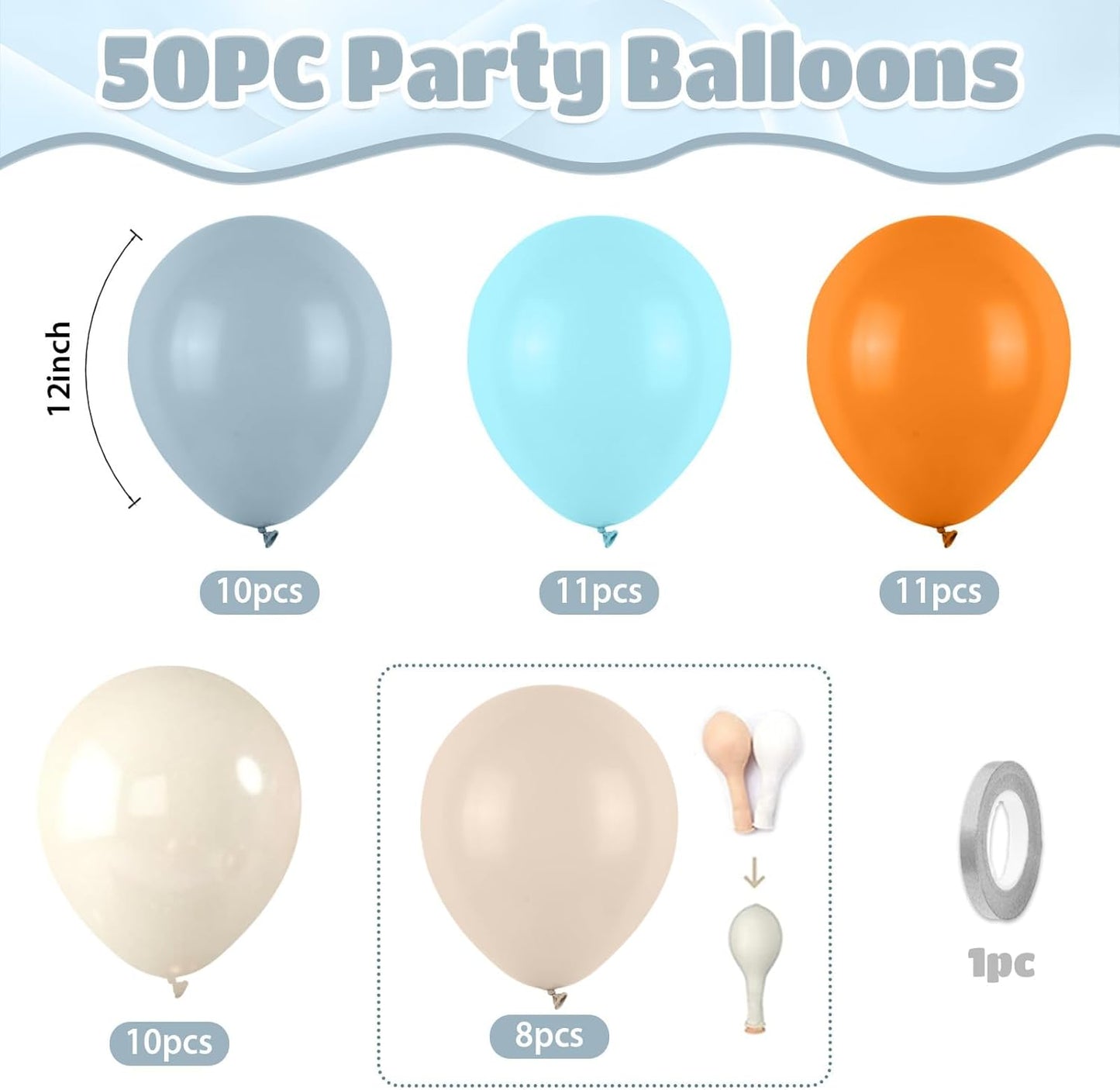 Blue and Orange Balloons, 50pcs Double Stuffed Cream White Balloons, Retro Orange Dusty Blue Teal Ivory Beige Balloon For Birthday Baby Shower Party Wedding Engagement Anniversary Graduation Decor