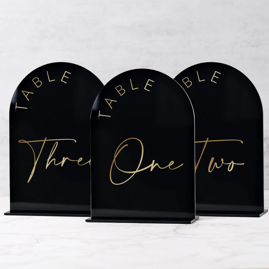 Black Arch Wedding Table Numbers 1-20 with Stands, 5x7 Inch Black Arch Acrylic Sign with Gold Letters, Acrylic Table Numbers for Wedding Reception