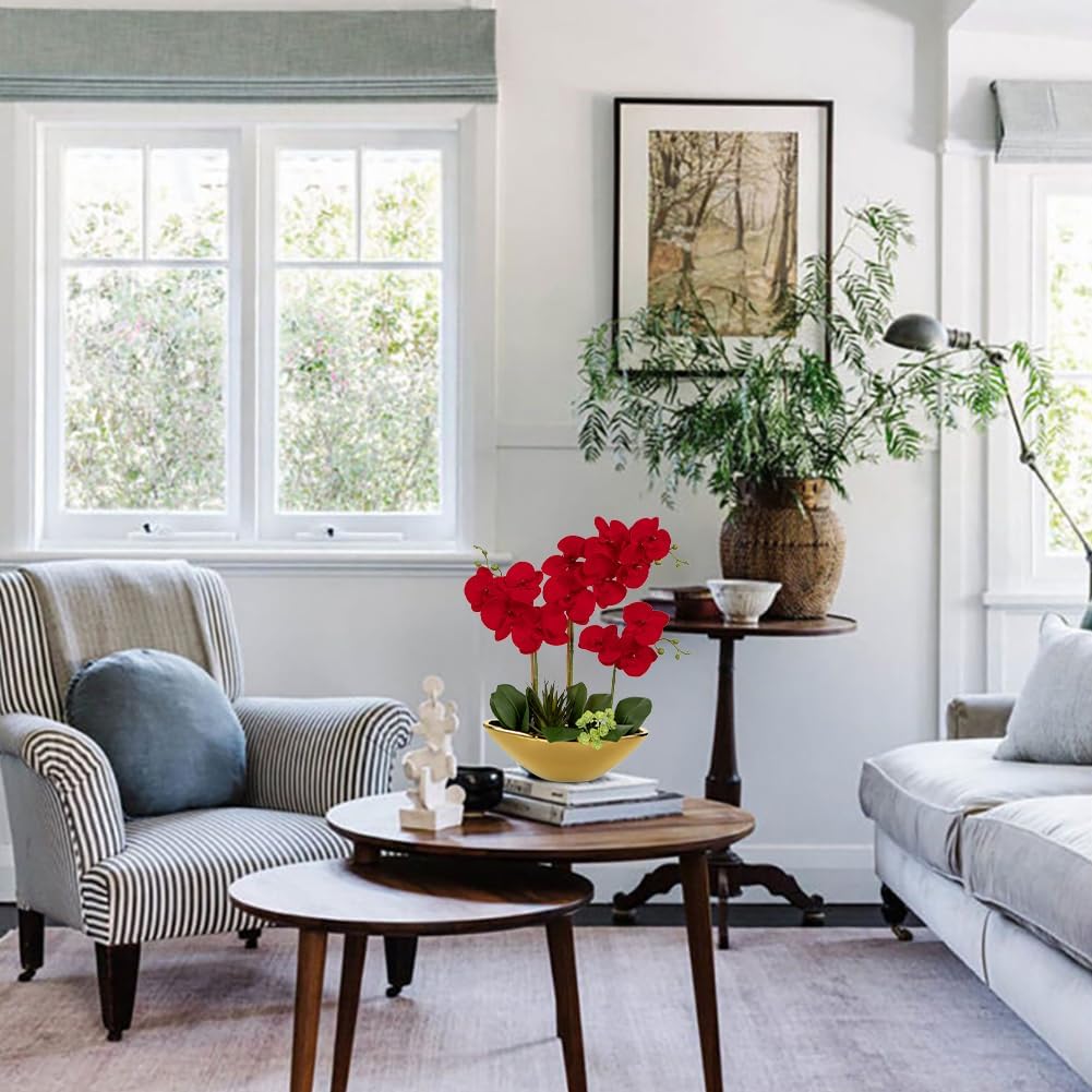 Briful Orchid Artificial Flowers 17in Red Fake Orchid Silk Flowers in Gold Ceramic Vase Faux Phalaenopsis Arrangement for Home Office Room Dining Table Centerpiece Modern Decor