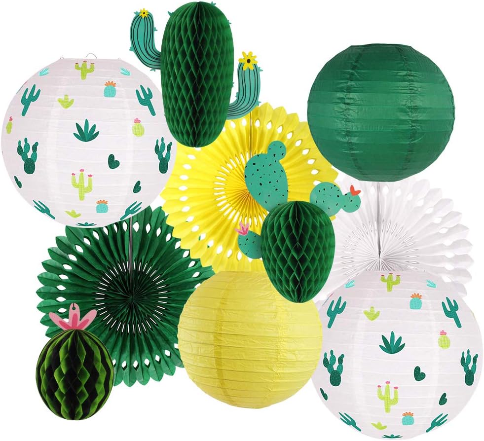 Cactus Party Decorations, Hawaiian Party Supplies Tropical Hanging Paper Lanterns Cactus Honeycomb Tissue Paper Fans for Llama Birthday Luau Party Decorations (Green)
