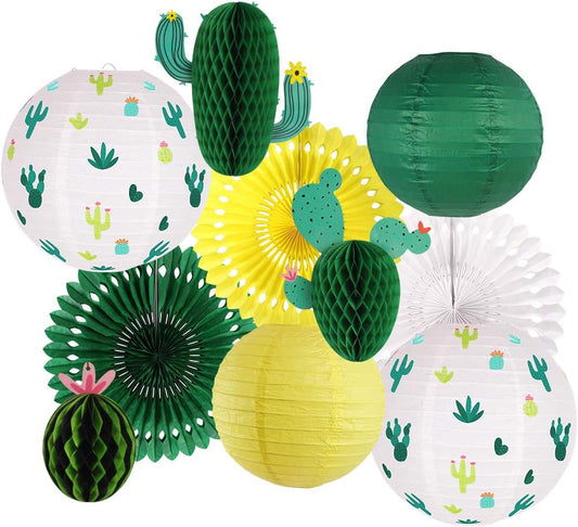 Cactus Party Decorations, Hawaiian Party Supplies Tropical Hanging Paper Lanterns Cactus Honeycomb Tissue Paper Fans for Llama Birthday Luau Party Decorations (Green)