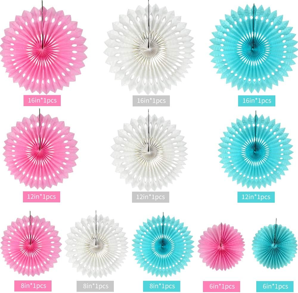 He or She Gender Party Supplies Blue Pink White Hanging Honeycomb Round Paper Fans for Birthday Baby Shower Bachelorette Anniversary Wedding Photo Booth Backdrop Party Decoration(11 Packs)